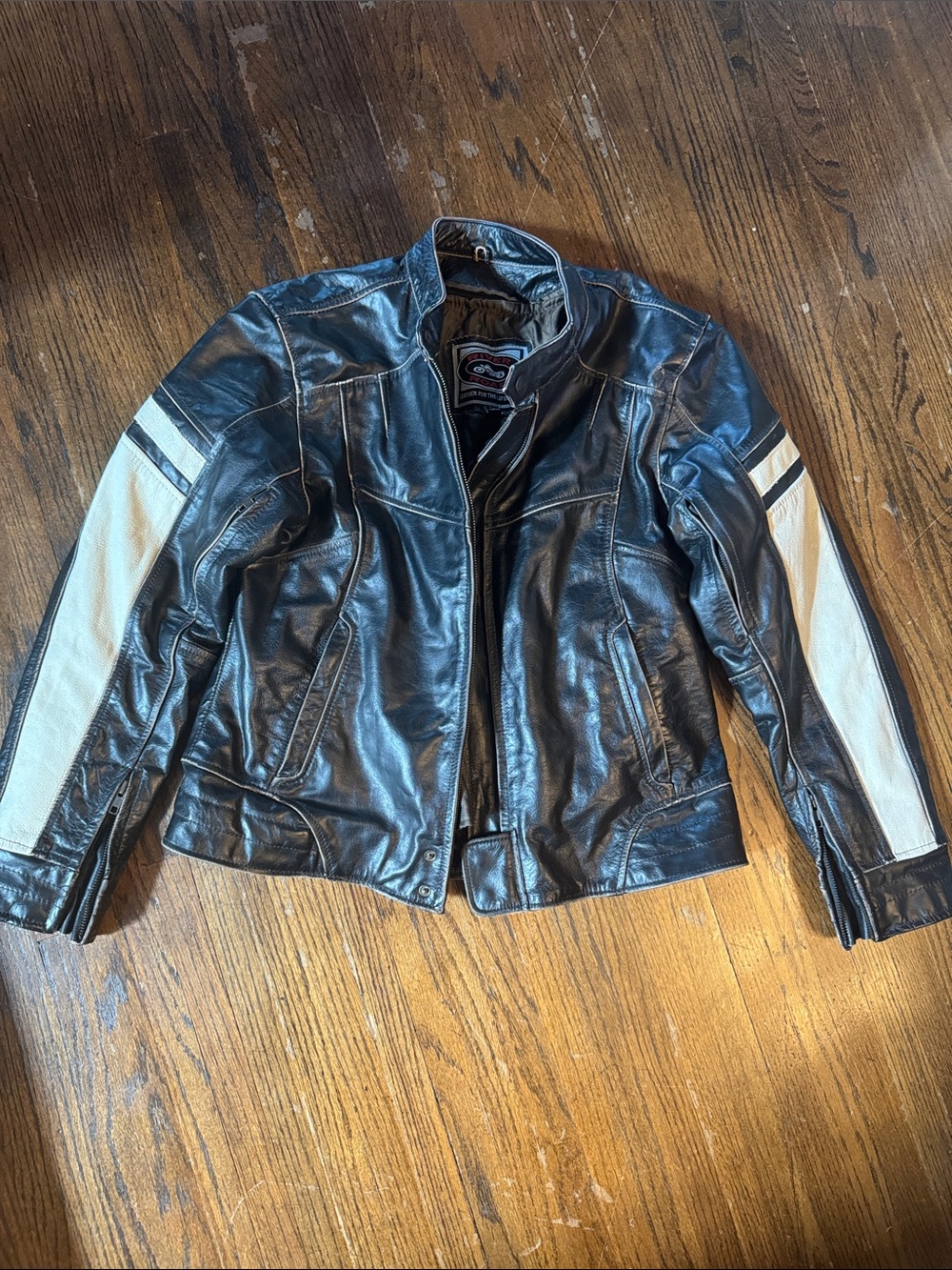 Men's Black Leather Jacket with White Sleeve Panels